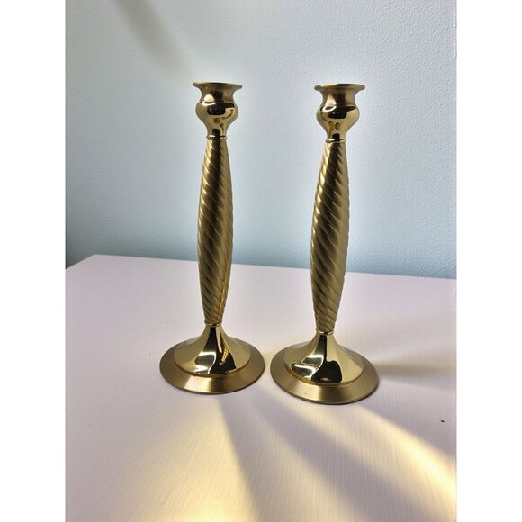 Vintage PaIr of Partylite Lexington polished Gold Solid Brass Candlestick Holder - Picture 2 of 9